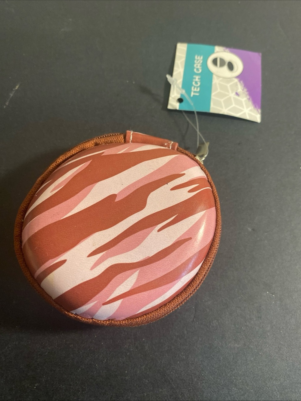 Tech Case - Earbuds Case - Hard Sides - Zipper - Cord Storage -Brown/Pink Zebra*